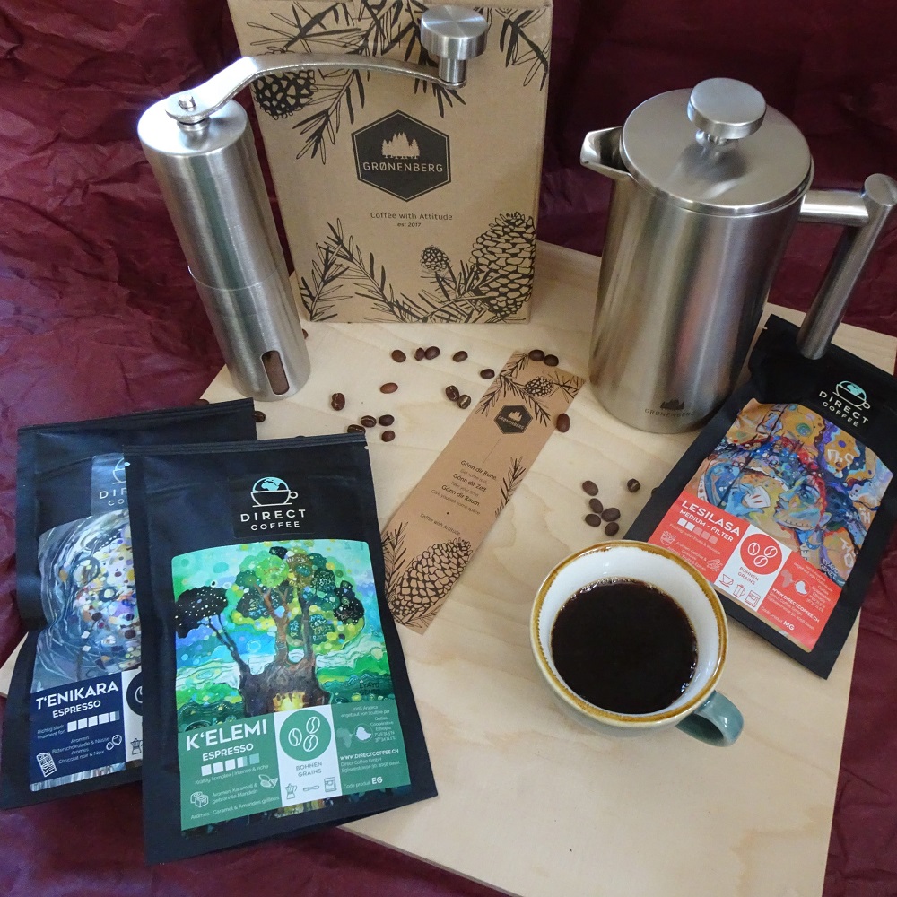 Product picture Gift: three types of coffee beans, hand mill & French press